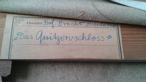 Rückseitenaufnahme des Gemäldes Rückseitenaufnahme des Gemäldes mit der Aufschrift „Das Quitzowschloss“