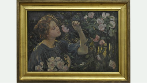 In den Rosen, vor 1913 Dora Hitz (1856 – 1924), In den Rosen, vor 1913: Eine Frau riecht an Rosen