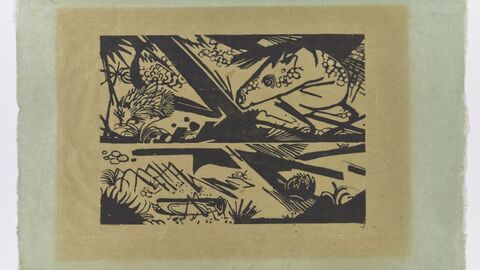 Druckgrafik eines Pferdes und eines Igels