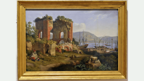 Mittelalterliche Landschaft an einer Küste mit Burgruine