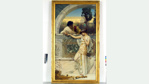 Das Gemälde zeigt eine Frau Händchen haltend mit einem Mann der hinter ihr und eine Mauer bückt. 