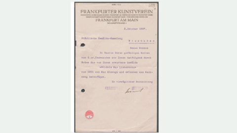 Schreiben Frankfurter Kunstverein an die Städtische Gemälde-Sammlung Wiesbaden vom 03.10.1927, in: Altregistratur Museum Wiesbaden, Akte „Ankäufe + Sonstiges an den Dezernenten
